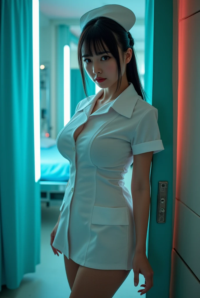 Highest quality, White skin, Real human skin, (Familiar), Oval Face, pore, Ultra-high resolution, (8K, RAW Photos, Realistic: 1.4), One Girl, slim, (kind, Goddess-like eyes、Sharp, narrow, slitted eyes、ahegao, happiness: 1.2), (Lip gloss, eyelash, Terrible face, Highest quality, Ultra-high resolution, Wide Lighting, Natural Shading)、Sexy Nurse、(Camera close, Sexy pose:1.5), Absolute area、Long beautiful slim legs、(night:1.8, Dark Room:1.5, Turned off the light:1.5, milf, hospital room、hospital、Sexy Looks:0.8, )