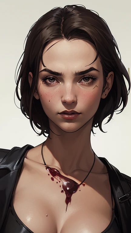 a drawing of a woman with blood on her face and a bloody collar, charlie bowater art style, arte do personagem Charlie Bowater, lois van rossdraws, Ross Draws 1. 0, female vampire, Carmilla Vampira, artgerm e rossdraws, style of charlie bowater, Vampire girl, Ross Draws 2. 0, Retrato de RossDraws, vampire portraitJennifer Connelly , , white bra, green vest, sleeveless, へそ, blue jeans, Brown boots, gloves fingerless, short gloves, slightly-smile, shorth hair, wavy hair, parted bangs, anime color eyes,  under the right eye, old american west, funfo White Belt, best quality, Obra de arte Jennifer Connelly