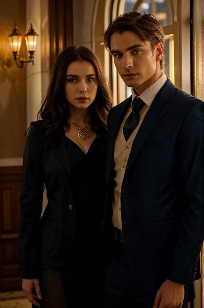 a medium young woman with a short and elegant red dress long light brown hair intense blue eyes and a young man with black hair and intense green eyes wearing a black formal suit with the first 2 buttons of the white shirt open without a tie tall and built
