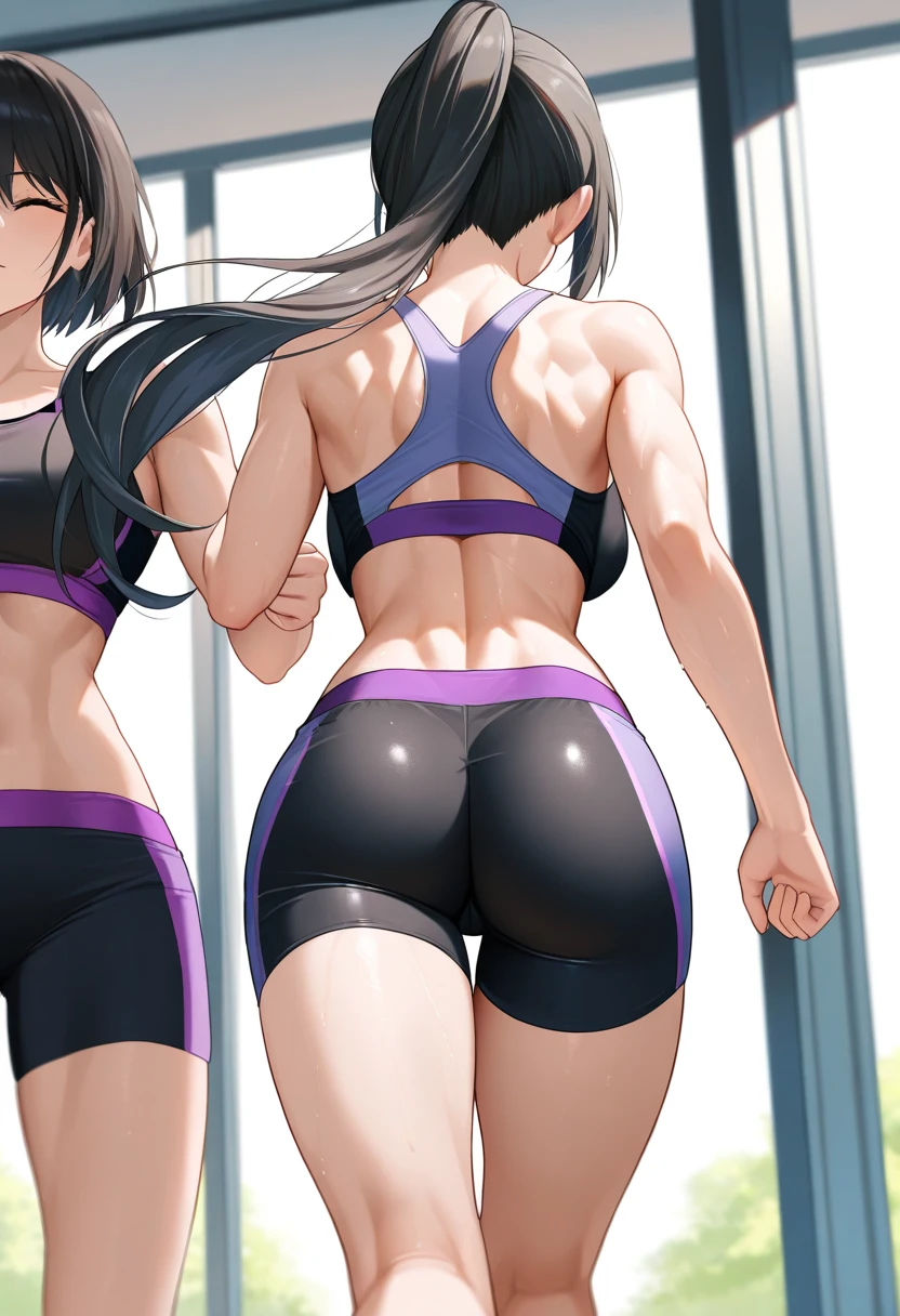 2girls, multiple girls, footkabedon, standing on one leg, sports bra, yoga pants, <lora:foot_kabedon_v1:0.9>