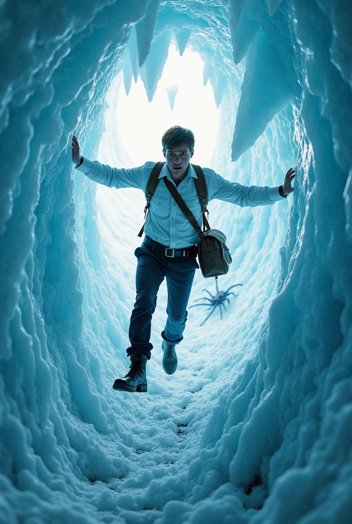 side view, a man floating in mid-air falling down the void, centered, wearing a blue jacket, lateral view. the wide infinite walls are filled entirely with monsters demonic with black melting skin overlapping and interwhinted bodies, the monsters strech their arms-claws trying to reach the man body, horror art, dim light, digital illustration, long shot, fog and mist atmosphere, dramatic light, long aerial shot