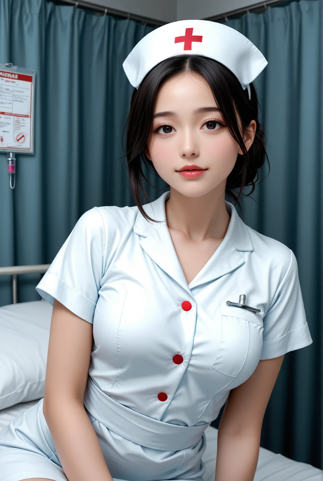 nurse cosplay,nurse outfit,(open mouth:1.5),(tongue out:2),lying,finger to chin,overhead shot,front view,face focus,(1girl,Beautiful 14 year old girl,teenager),((Slender,Small breasts,Small face,)),(looking at viewer),Black Hair,bangs,one side up,Beautiful and detailed,(Dimly lit room:1.5),White bed,pillow,Mischievous smile