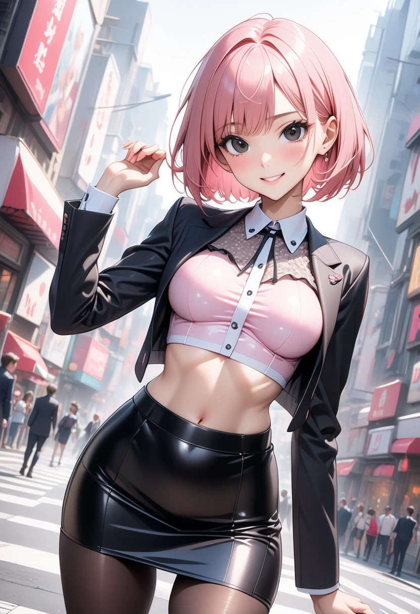 (((formal cropped jacket))), ((bustier)), ((skirt)), ((pantyhose)), ((shiny outfit)), skindentation, skinny, alone, solo, 1 woman, Masterpiece, highest quality, highest quality, 16K, incredibly absurd, highly detailed, 2.5D, ai-generated, delicate and dynamic, very delicate facial expressions, delicate eye depiction, ??????, only sexy woman, ((A cute and kind face)), healthy figure, ((25-year-old woman)), 160cm tall, ((medium firm swaying bust)), medium breasts, (short hair), (pink hair:1.5), bob cut, black eye, blush, Sweat,Embarrassed,sexy, ((thin thighs)), (camel toe:0.7), (visible nipples:0.5), (????? nipples,:0.7), shiny and lustrous, facing straight at viewer, smile, ((Oily_skin)), dark skin, ((standing)), ((arm at side)),