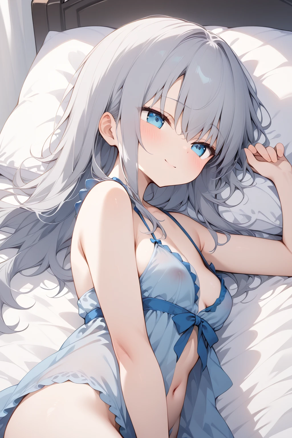 1 girl,Highest image quality,alone,gray hair,like snow white,blue eyes, white skin,Sleepiness,long hair,half sleepy,,wet with water,baby doll,T-back,On bedding,On your back,lie down,tits,,small,
