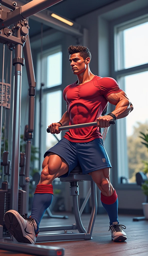 32k , masterpiece, best quality, detailed face, natural eyes, 1man,, muscled yet thin and mature MAN ,handsome hunk , thin waist, stephen amell as an athlete wearing a red shorts with bulge , sweating,, in a gym, doing salmon ladder