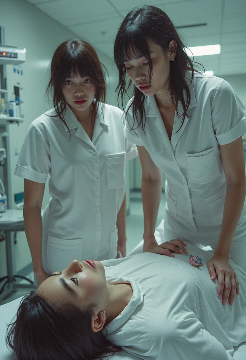 A undead female nurse takes a selfie next to a mummified patient lying on a bed, in the background a dilapidated and disturbing hospital room