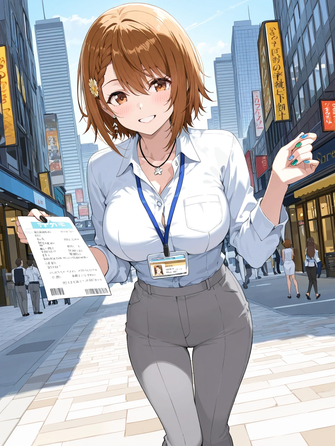 (high res, 8K, masterpiece, looking at viewer, best quality, very aesthetic, ultra detailed, ultra background, ultra Eyes), intricate details, 1girl, Nobara Kugisaki, The jujutsu consists of a dark blue bukakuran-style top, a button-up jacket, a matching long skirt that reaches just above the knee, wearing black stockings, brown shoes along with the signature brown belt that holds jujutsu equipment, Short brown hair, orange Eyes, Angry Face, in front of a clothing store, pointing to clothes in the shop, Background City, Cinematic Angle