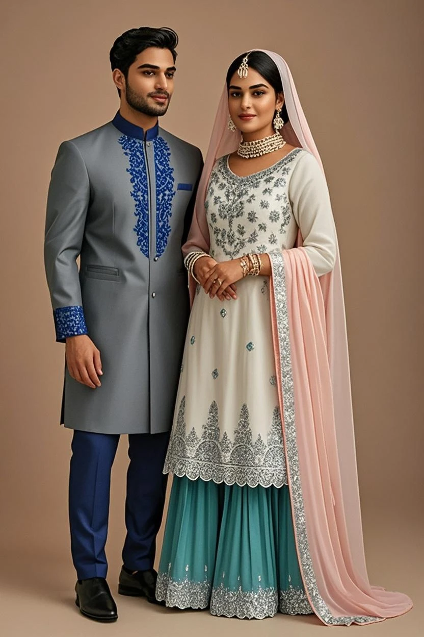 couple sitting on a couch in front of a colorful backdrop, lovely couple, well edited, very very low quality picture, happy couple, couple, khyzyl saleem, wearing traditional garb, profile pic, wedding photo, ash thorp khyzyl saleem, wedding, by Riza Abbasi, kyza saleem, bride and groom