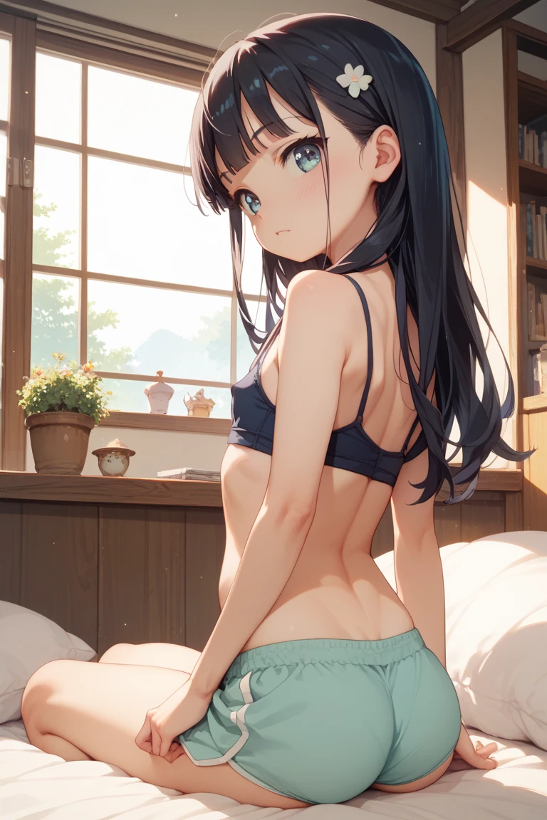 (High resolution:1.4), (masutepiece:1.2), (High quality:1.3) 1girl, saten ruiko, green eyes, long hair, black hair, small breast, Sweat、blush、 indoor、ass pov, straddling,, cinematic lighting,