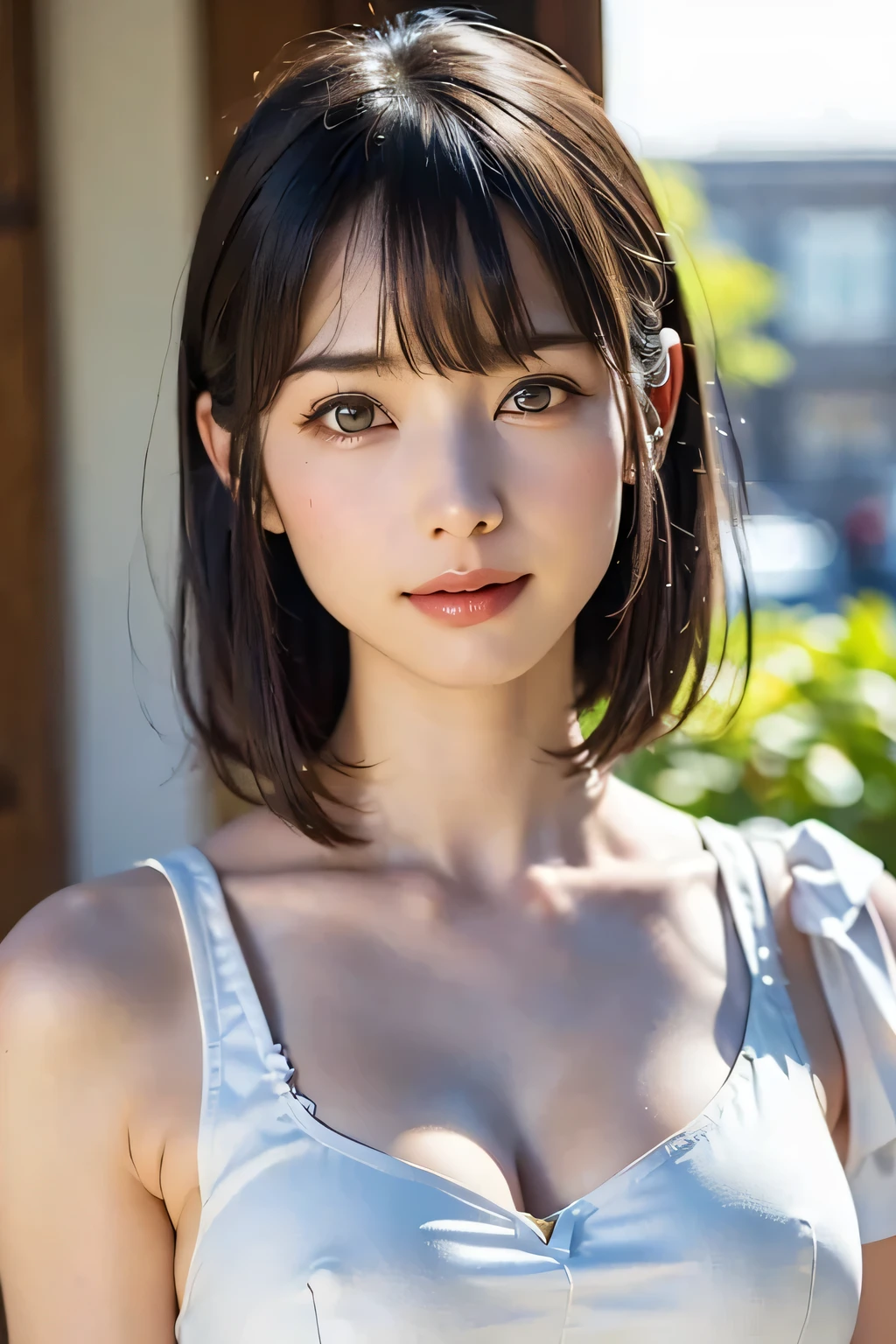 女の子1人、top-quality、realisitic、report、depth of fields、natural soft light、during daytime、魅惑的、beauitful face、Cleanliness、Pure face、de pele branca、cute hawk hair、bangss、the beach、rays of sunshine、Nedium Breast Body Esbian、((Beautiful face with golden ratio in sweater、Beautiful symmetrical face))、long neck、Put your ears out、Clean short bob hair with bangs、Smile with your mouth closed:1.4、Smile with your mouth closed:1.4、Perfect fingers、perfect hand、Perfect body、face perfect、Shine a light into the eyes、Perfect Anatomy:1.4、very cute super model:1.4