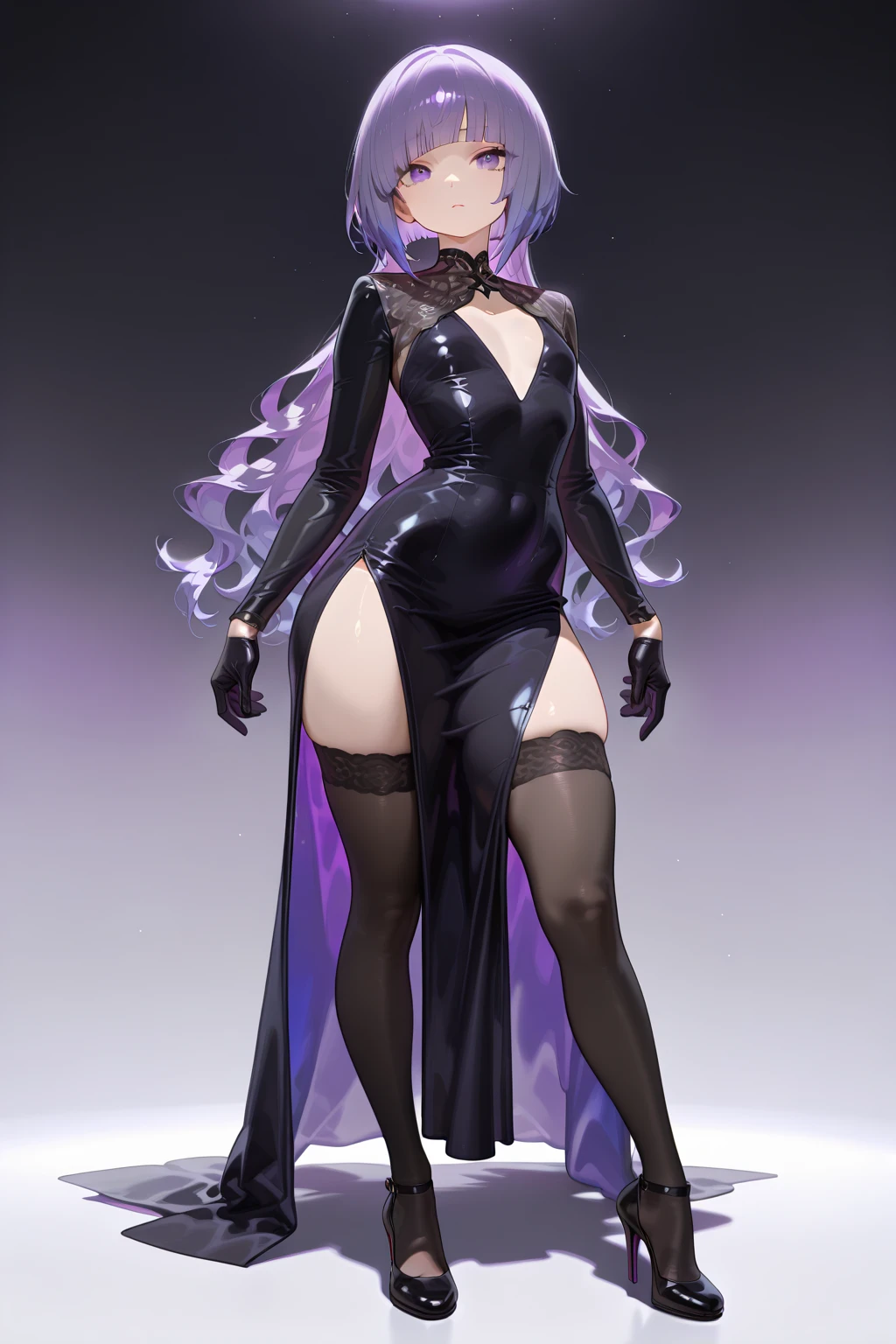 (( Tall woman with an impeccable figure, perfect hips and breasts,)), ((wearing a black tight dress, high black heels and black fishnet tights, black gloves, violet menacing eyes and a bright confident smile)), ((stands against a black and white gradient background)), ((in detail, perfect graphics))