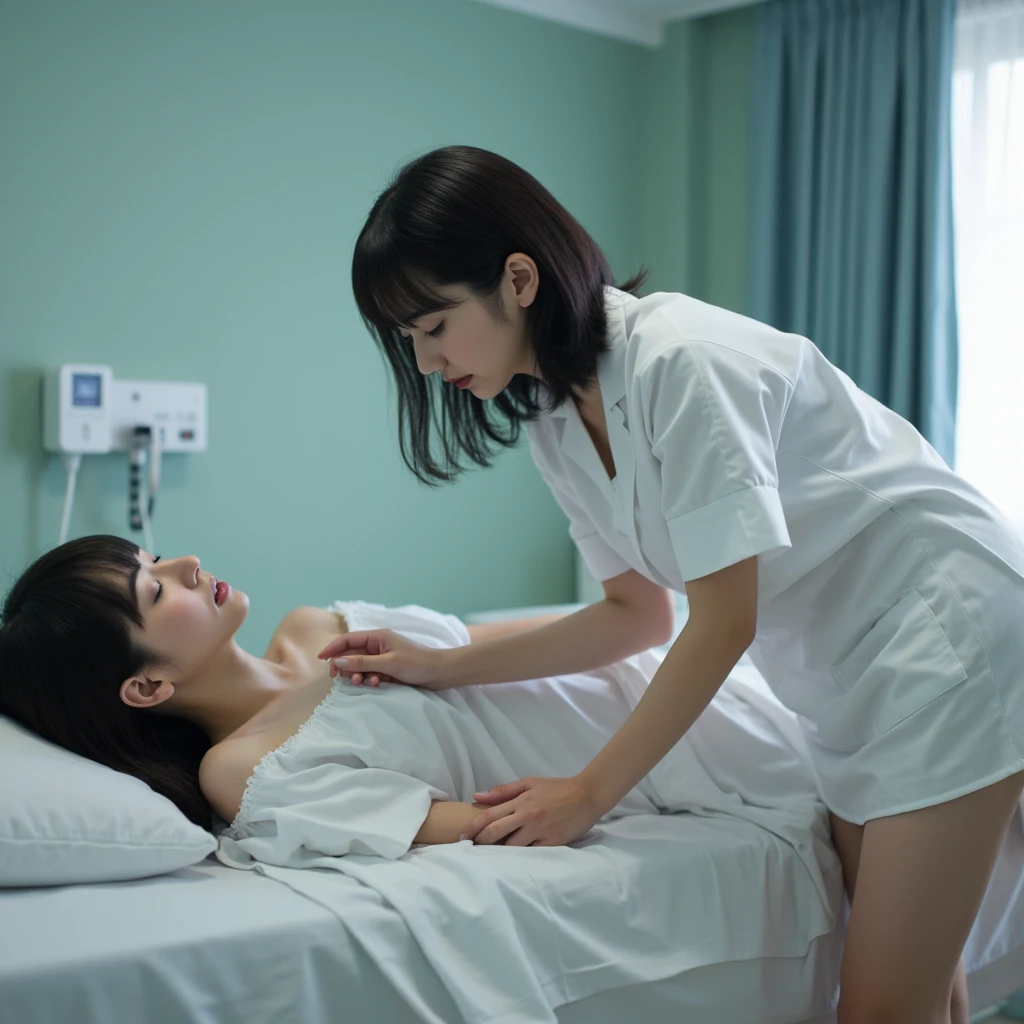 two japanese women、female patient and female nurse、straight hair、beautiful body line、slender、goddess of eros、hospital room at night、romantic atmosphere、Beautiful lesbian couple、sweating all over、having sex、Rich kiss、high resolution、8K image