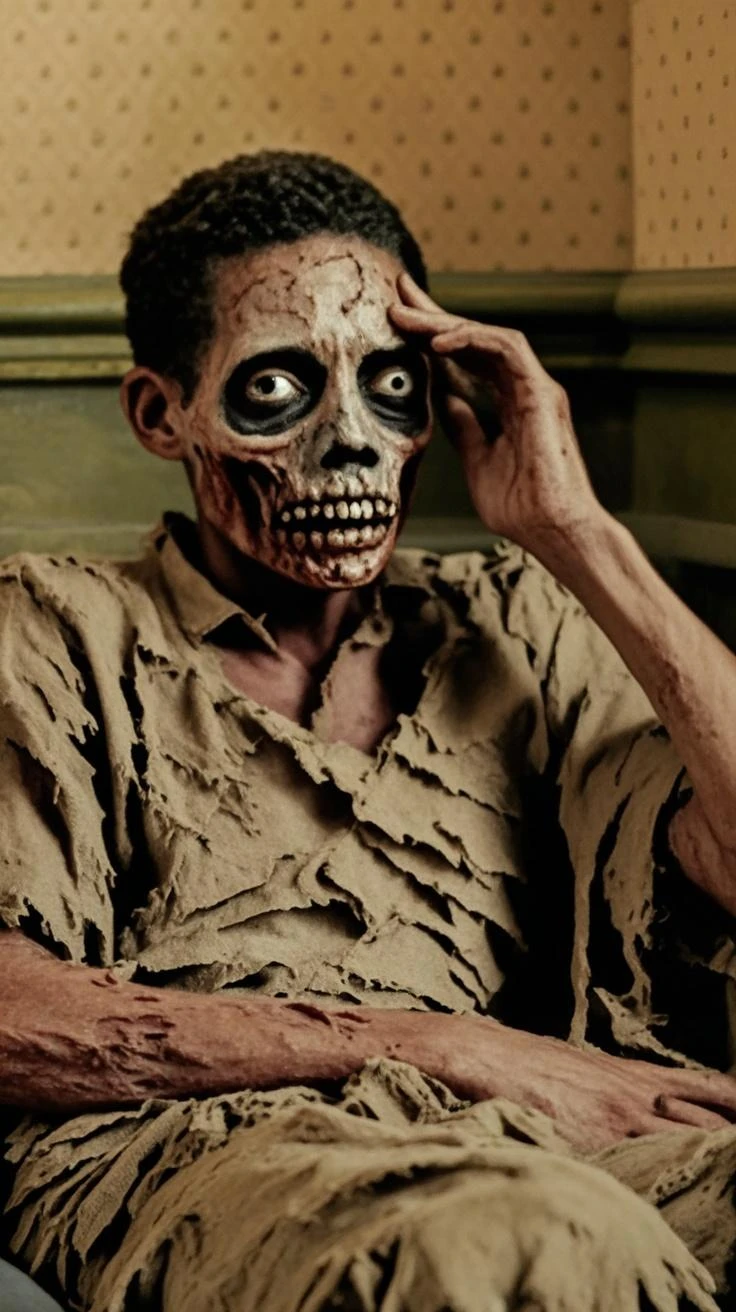 Man with arrogant and evil look, tall, skinny, wearing a Mexican hat, 30 years old, buried in a coffin 