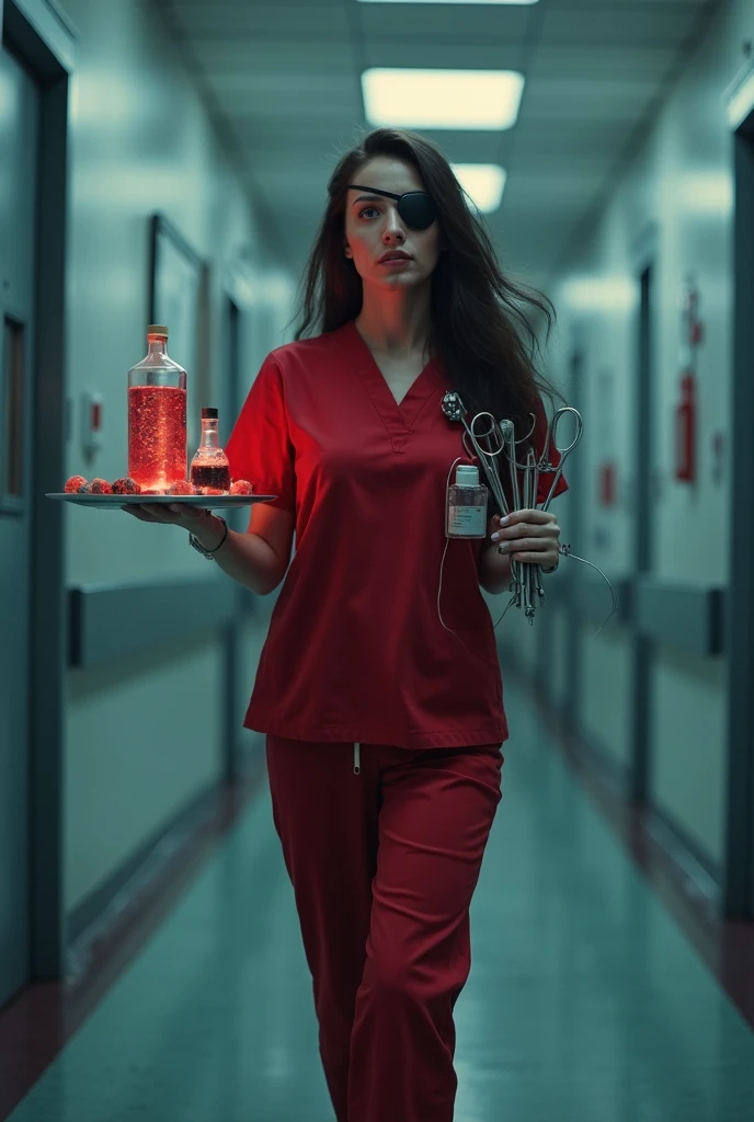 Surgical nurse wearing a bouffant cap surgical mask a face shield and purple  latex gloves  holding a jar of formaldehyde all of her ppe is bloody has red eyes 