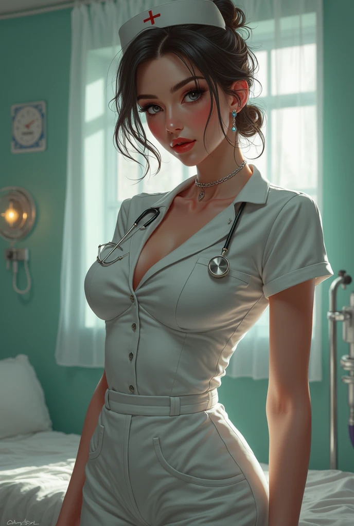 full shot body photo of the most beautiful artwork in the world featuring ww2 nurse holding a liquor bottle sitting on a desk nearby, smiling, freckles, white outfit, nostalgia, sexy, stethoscope, heart professional majestic oil painting by Ed Blinkey, Atey Ghailan, Studio Ghibli, by Jeremy Mann, Greg Manchess, Antonio Moro, trending on ArtStation, trending on CGSociety, Intricate, High Detail, Sharp focus, dramatic, photorealistic painting art by midjourney and greg rutkowski
