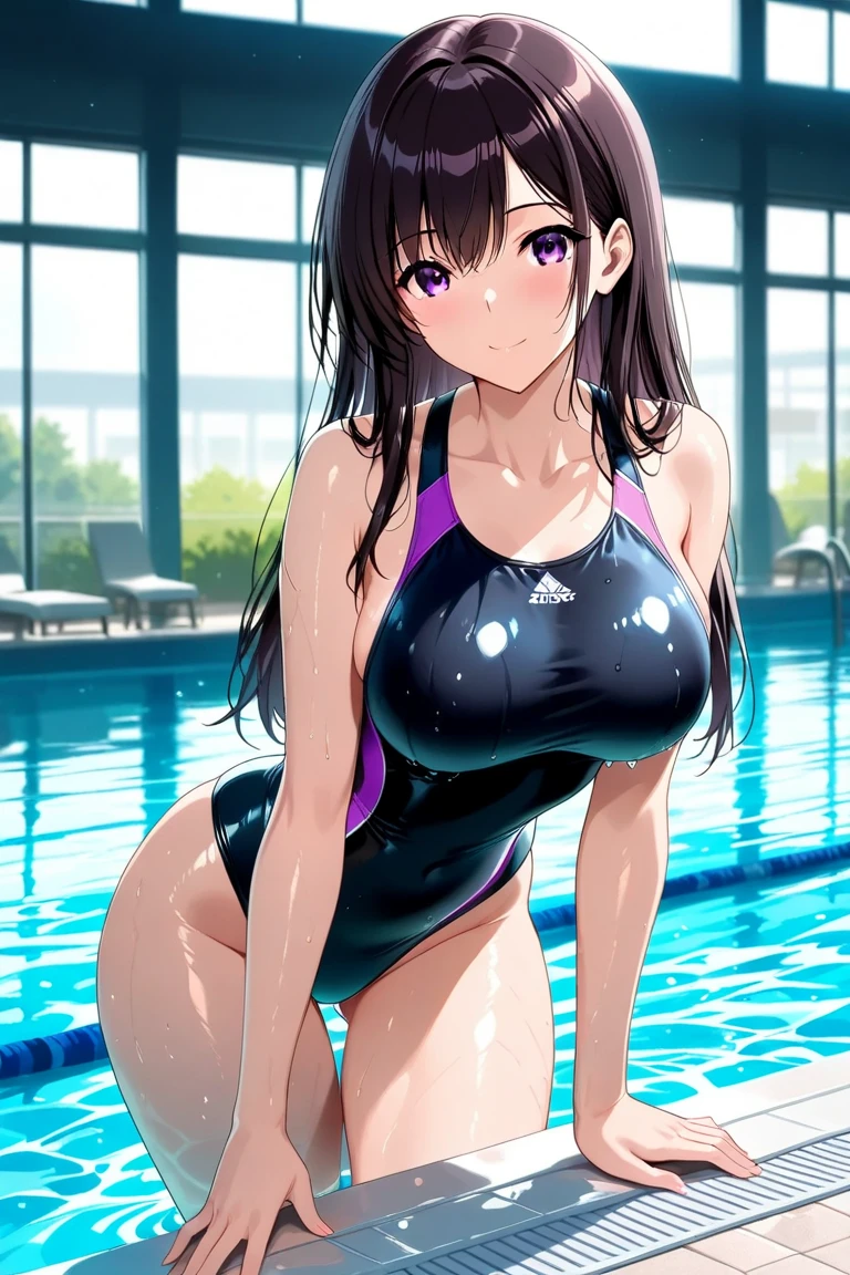 (masterpiece、Highest quality、In 8K、High resolution:1.2)、alone、One Girl、  Takina Inoue、Feeling embarrassed、blush、Purple Eyes、Look at the viewers、whole body、Transparent competitive swimsuit、Transparent racing swimsuit、Glossy body、Wet body、Daytime、Poolside、Low - Angle