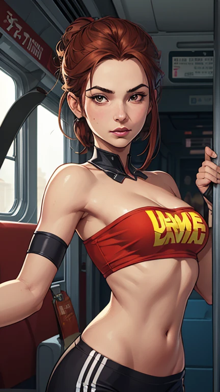 masterpiece, best quality, jessie rasberry, headband, khaki green bikini, cameltoe, smirk, looking at viewer, train station, night, (huge breasts)