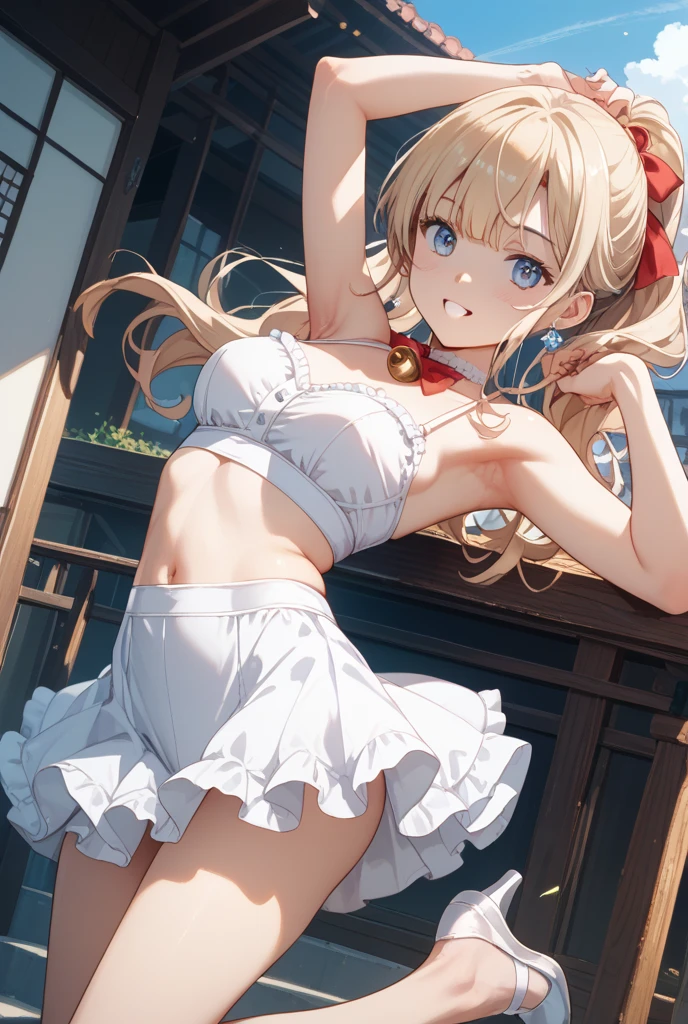 (Angle from below), Masterpiece、Highest quality、Highest quality, (long and thin legs, shoes:1.2), squat、Spread your legs、(Bridge Pose), 1 girl, (smile、Open your mouth大笑い:1.2), Cute eyes, (Detailed face:1.3)、Open your mouth, The whole face turns red, alone, Oversized breasts, Big and ample breasts, (Straight bangs, Twin tails), White maid outfit、(Bust only super micro bikini:1.2)、Side bust、Underbust、belly button、Walking through the mansion'corridor、nsfw、shoes下