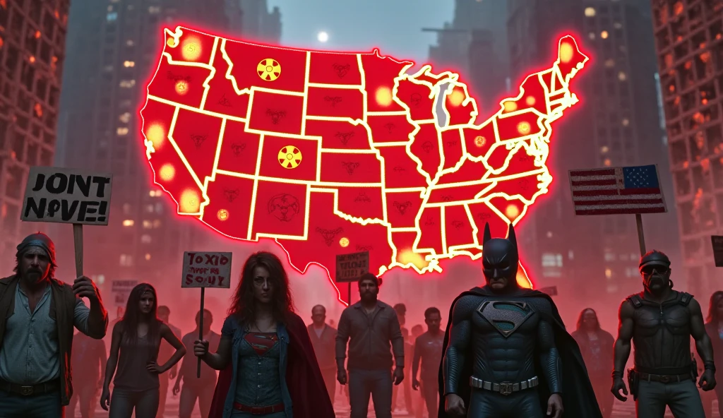 (A horde of undead, rotten, zombied, superheroes) rise from the ground and shamble towards Superman who is praying on a moonlit night, ruins of Tokyo
