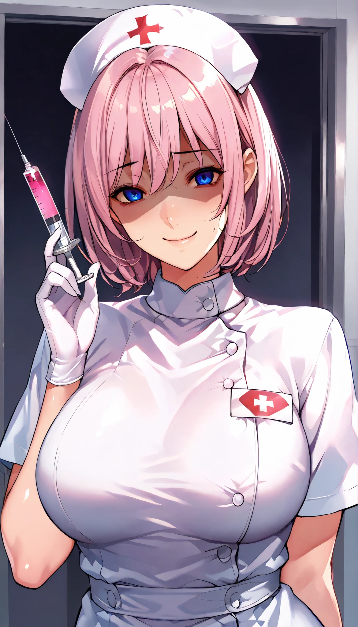 SOLO,Modern Backgrounds,A female with slim body(older girl),blue eyes,shiny skin,(Wearing A White Nurse headdress),(White Nurse uniform),White short gloves,Holding A Syringe,In The Ward,(Yandere),light smile,Pink Short hair),UHD, SOLO, anatomically correct, masterpiece, textured skin, high details, highres, 1080P, 16k, accurate, Beautiful face, Beautiful Nose, Perfect face, Highly detailed beautiful face and eyes, Attractive face, Detailed face, Delicate facial features, Detailed skin,(Upper focus)