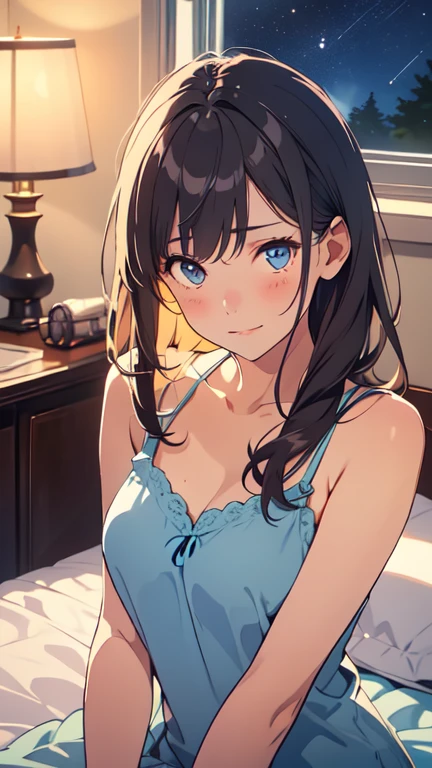 highest quality,8k,detailed,F cup bust、Very cute face、Beautiful thighs、Best Beautiful Legs、Slim and beautiful arms、Slim body、White skin、((((1 person、camisole、Sunlight on the body、On the bed、Lying down、Being pushed down、looking at the camera、smile、smile、Tokyo buildings in the background、Hotel room))))、I can see the deep blue sky、The atmosphere is bright and lively、The woman is at the center of the image。
