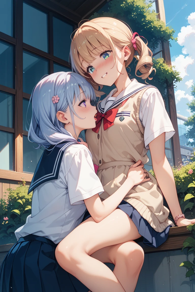 Masterpiece: 1.3), Best Quality, 2 girls, 18 and 10 years old, white and pink hair color, delicate, rooftop, spirit, sunset, kissing, sailor suit and JK costume,