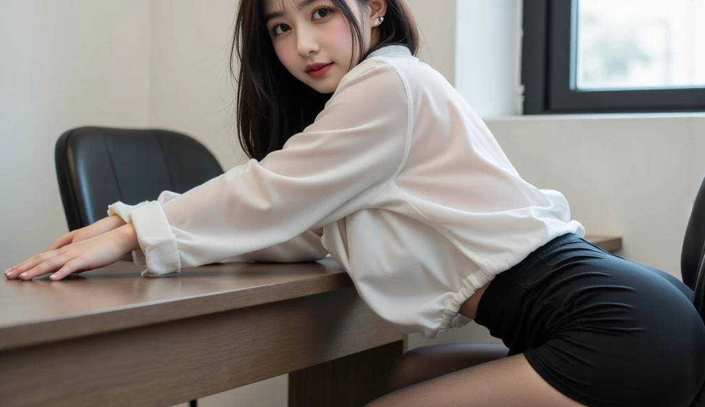 (8K, Raw photo:1.2)Detailed face and eyes,Best Quality, 超A high resolution, Highly detailed ,intricate detailes ,masutepiece ,Cute Girl , Soft cinematic light, Hyper-detailing,Sharp Focus, High quality, (Panties:1.1) top-quality masterpiece Male and female couples Girl sitting on a chair wearing a tight skirt over a blouse。Boys hugging each other from behind。Boy in high school long pants uniform with mash cut hairstyle。Without glasses、Revenge relationship