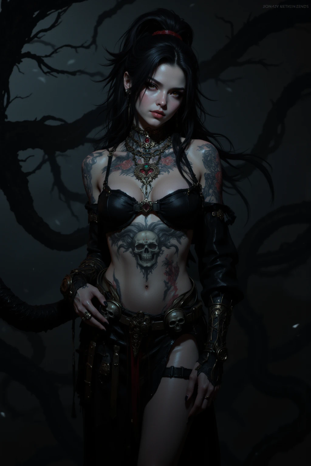 exhausted, wounded vampire/human warrior girl, black hair, big heavy ram horns, heavy goth vampire makeup, using a bra cropped corset, showing her toned abs, micro sexy skirt, navel, deep navel, blood eyes, blood dripping wounds, crossed arms up, armpit, tired after combat expression, wet skin, being held