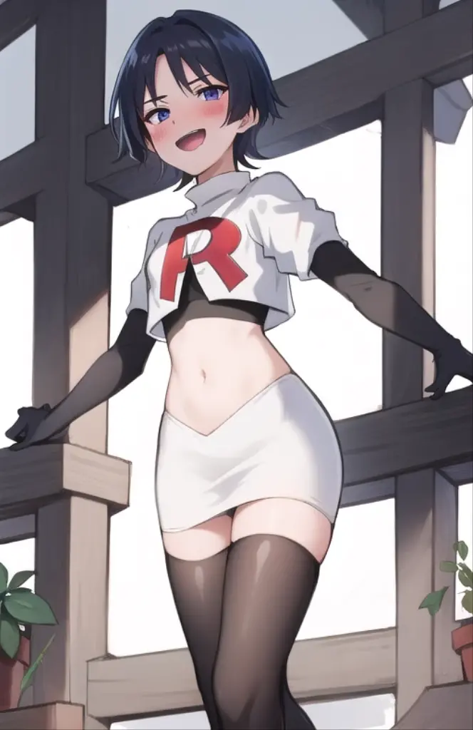 absurdres,masterpiece, trap, best quality, highres, high quality, 1boy, solo, male focus, hair, crossdressing,1boy,team rocket,team rocket uniform,white skirt,red letter R,crop top,black thigh-highs,black elbow gloves, evil laugh, blush