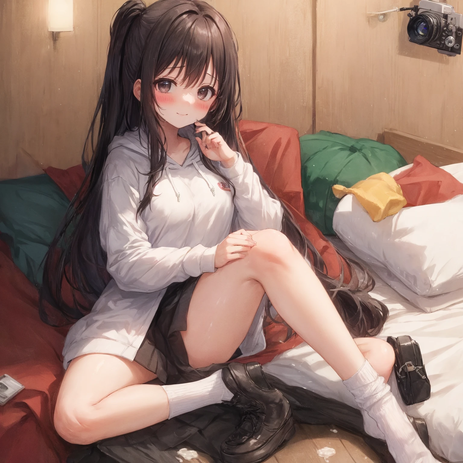 A very cute, effeminate, chubby, brown-eyed boy, very tousled dark brown tousled long hair, Tellum hairstyle, Persian orange, Emo clothes, masterpiece, Best quality