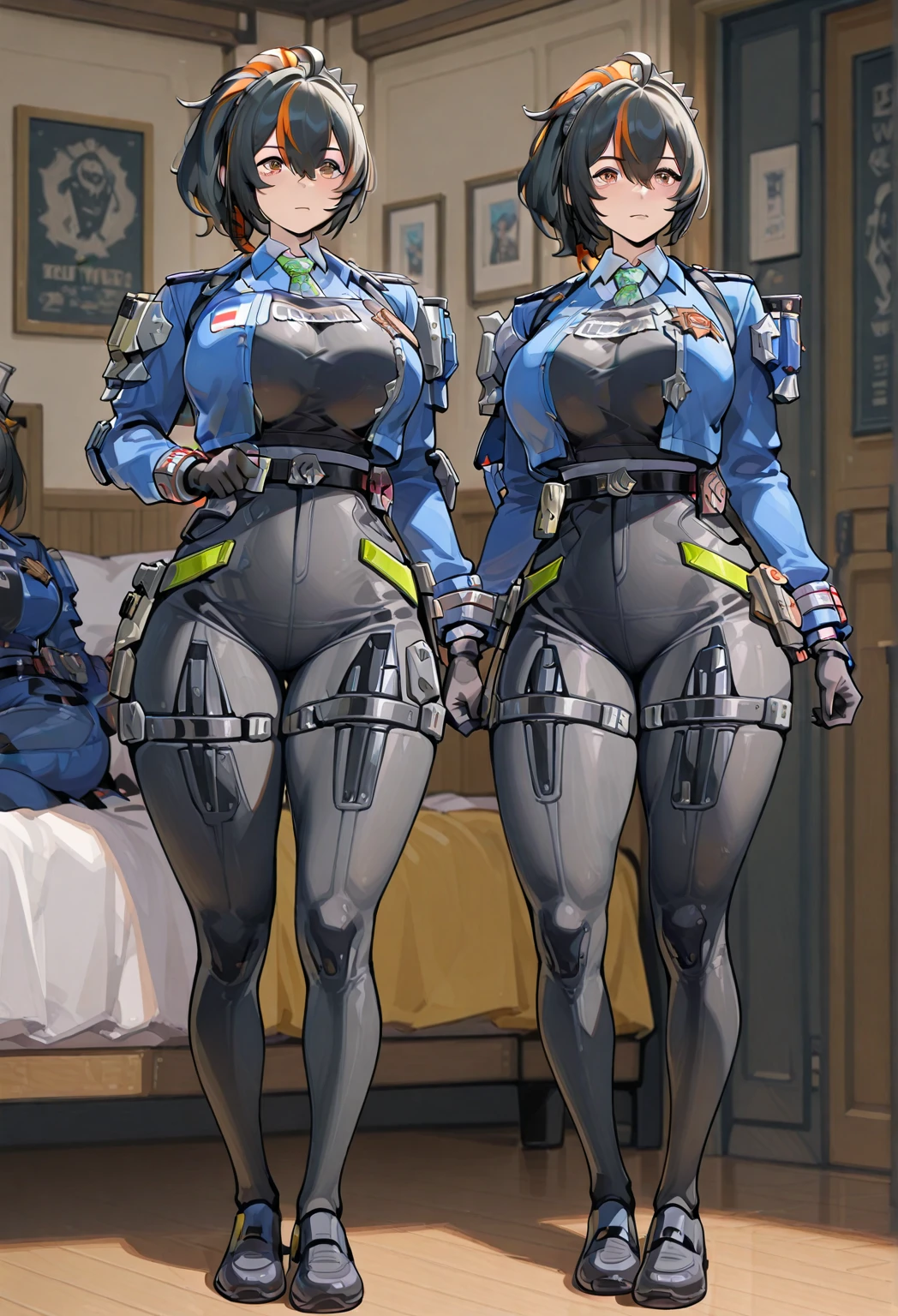 ultra-detailed, Explicit, Beautiful body, Beautiful Nose, Beautiful character design, perfect eyes, perfect face, ultra highres, 4K, beautiful legs, perfect legs, Nice hands, Perfect hand, Masterpiece, Best Quality, Highly detailed, illustration, absurdres, perfect anatomy, street fighter, doll suit, shadaloo doll, dollsuit, girls, multiple girls, expressionless, blank eyes, looking at viewer, red gloves, emotionless, black latex, corrution, mind control, female combatant, full body, hypnotized, unhappy trance, full body suit, ribbed bodysuit, both arms at side, obey, perfect female body, extremely glossy latex, hypnosis, hypnoLora, empty eyes, Mind control device, poses, submissive_pose, Slave, hat, necktie, stand up straight, standing, standing at attention, hat, necktie, belt, latex, ribbed bodysuit, thighhighs, garter belt, Fighting Stance, extending the right arm from the shoulder into the air with a straightened hand, nazi saluting, military, military saluting, salute, thigh boots, 1girl, Solo, ohshima ichiko, yellow eyes, grey hair, long hair, braid