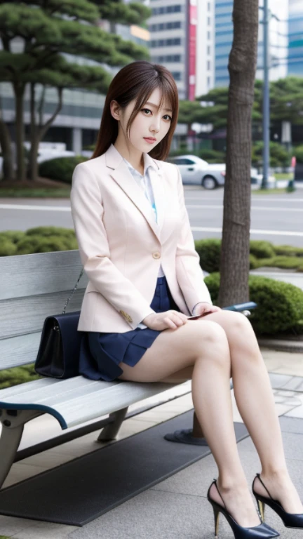 Arafe woman in OL uniform, slim girl model photo posing for photo, physical: Tinyest midliffever, female model, Japan female fashion model, Sakura Miyawaki, LE SSERAFIM, (8k, RAW photo, best quality, masterpiece: 1.2), (realistic, photorealistic: 1.37), ultra detail, ultra high resolution, summer, office district, standing, full body, ( ((SEXY)))