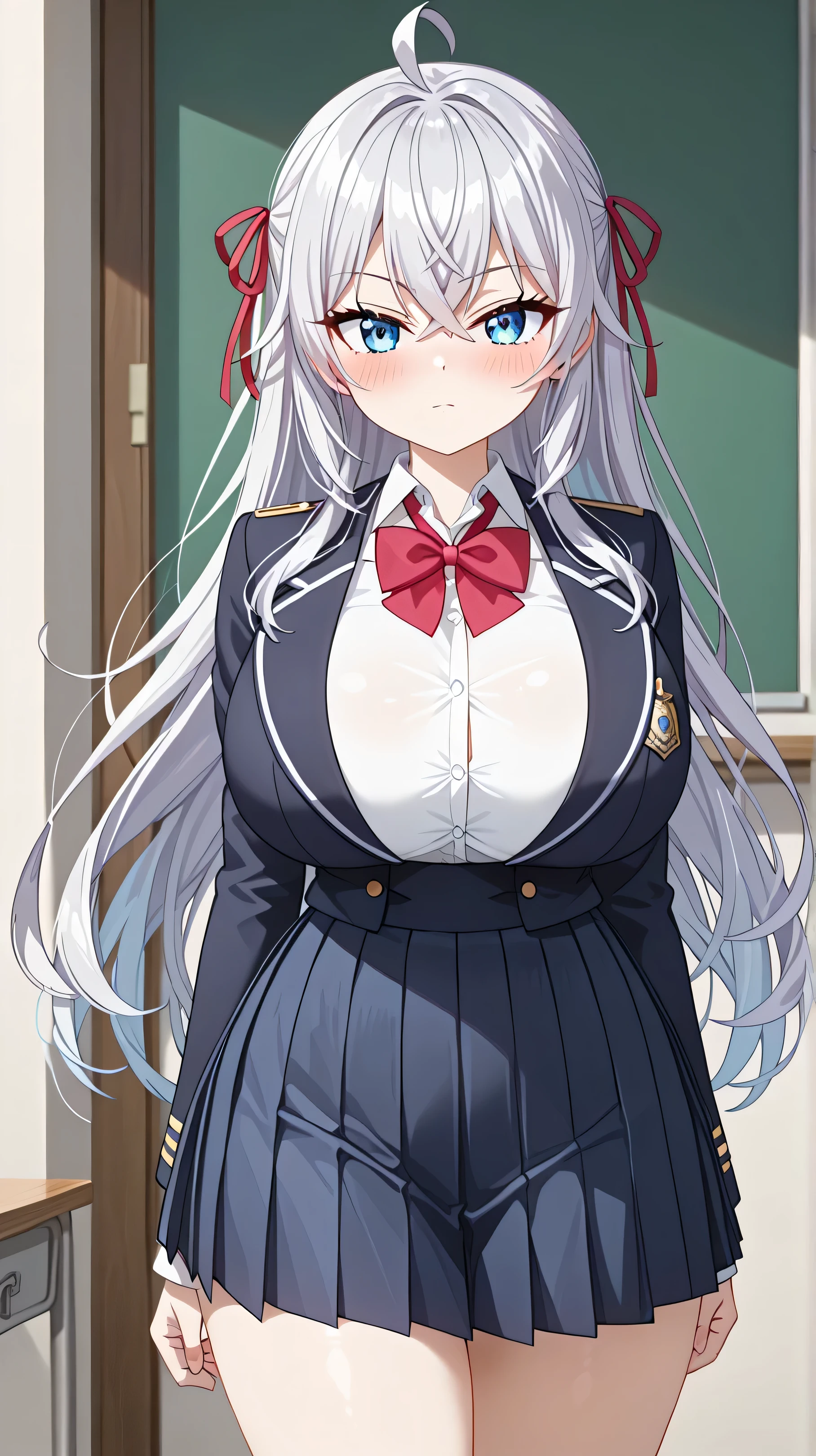 (UHD, retina, masterpiece, accurate, anatomically correct, super detail, high details, highres,anime screencap, anime coloring:1.3)、(Alisa Mikhailovna Kujou:1.3)、(long hair, silver hair, ahoge, crossed bangs, red hair ribbon, sidelocks, blue eyes:1.3)、(very gigantic breasts:1.3)、(school uniform, open jacket, collared shirt, red bow, long sleeves, pleated skirt, red bowtie, white shirt, blazer:1.3)、(Huge ass、tight waist、thin waist、wide hips、slim、thick ass,round ass:1.3)、(body blush:1.3)