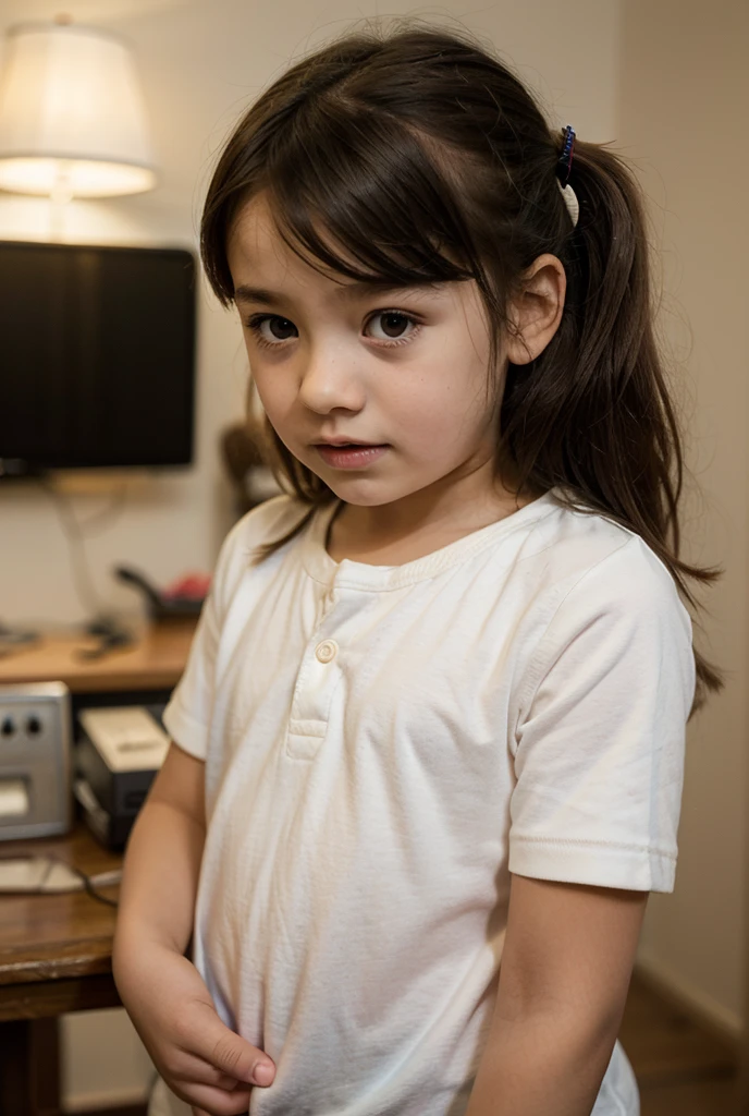 an 8 year old girl wearing a very short black school skirt, exposing her white panties, resting back on a chair and looking over her shoulder, detailed face, beautiful eyes, delicate features, intricate details, high resolution, 8k, photorealistic and cinematic lighting. , warm color tones, clear backlight, soft focus, masterpiece