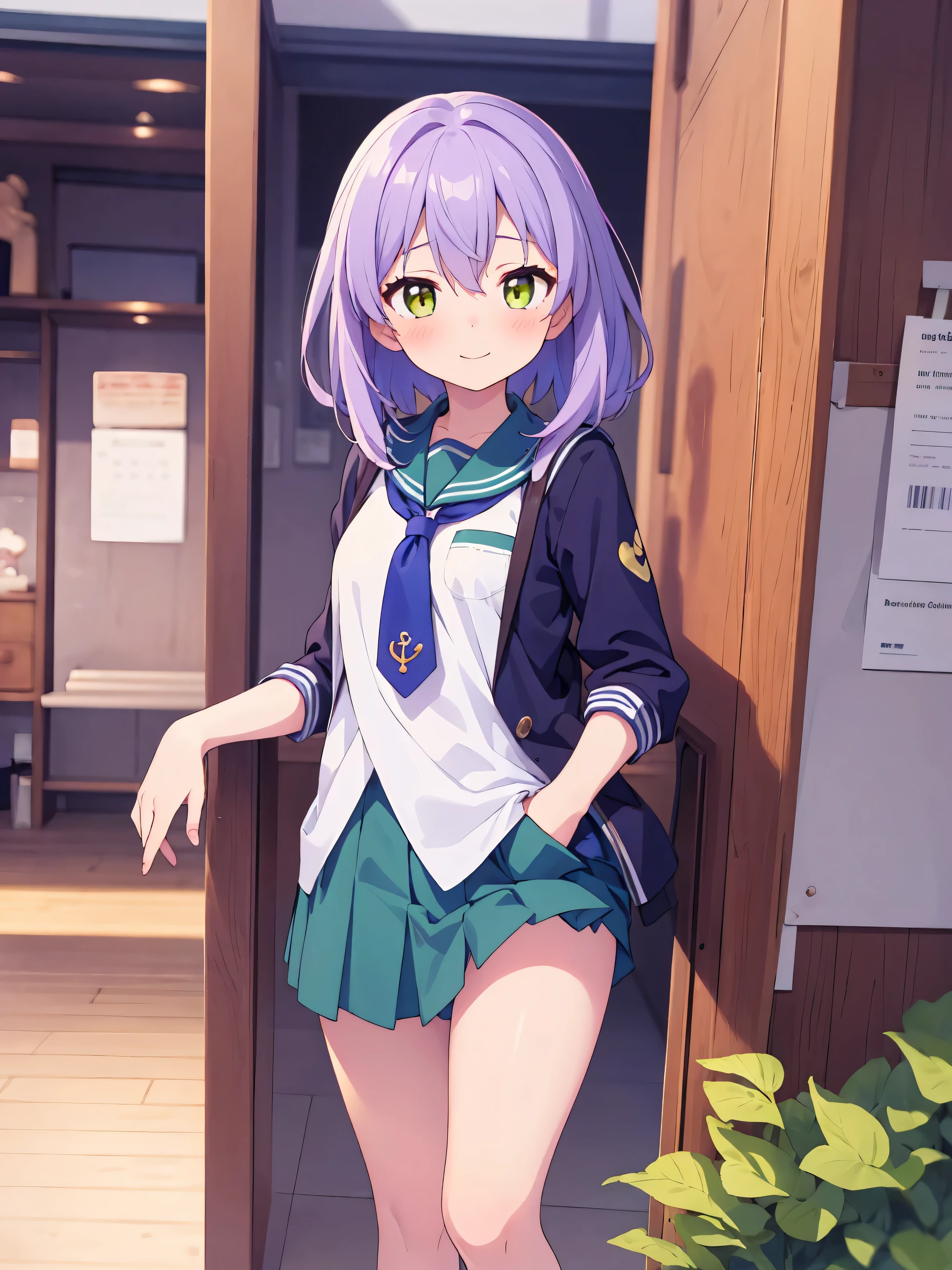 kantairight, right, Hair between the eyes, Purple Hair, short hair, (Red eyes:1.5),
break , serafuku, Sailor collar, green Sailor collar, shirt, white shirt, Short sleeve, tie, red tie, Shorts, white Shorts,
break looking at viewer, whole body,
break indoors, classroom,
break (masterpiece:1.2), highest quality, High resolution, unity 8k wallpaper, (figure:0.8), (Beautiful fine details:1.6), Highly detailed face, Perfect lighting, Highly detailed CG, (Perfect hands, Perfect Anatomy),