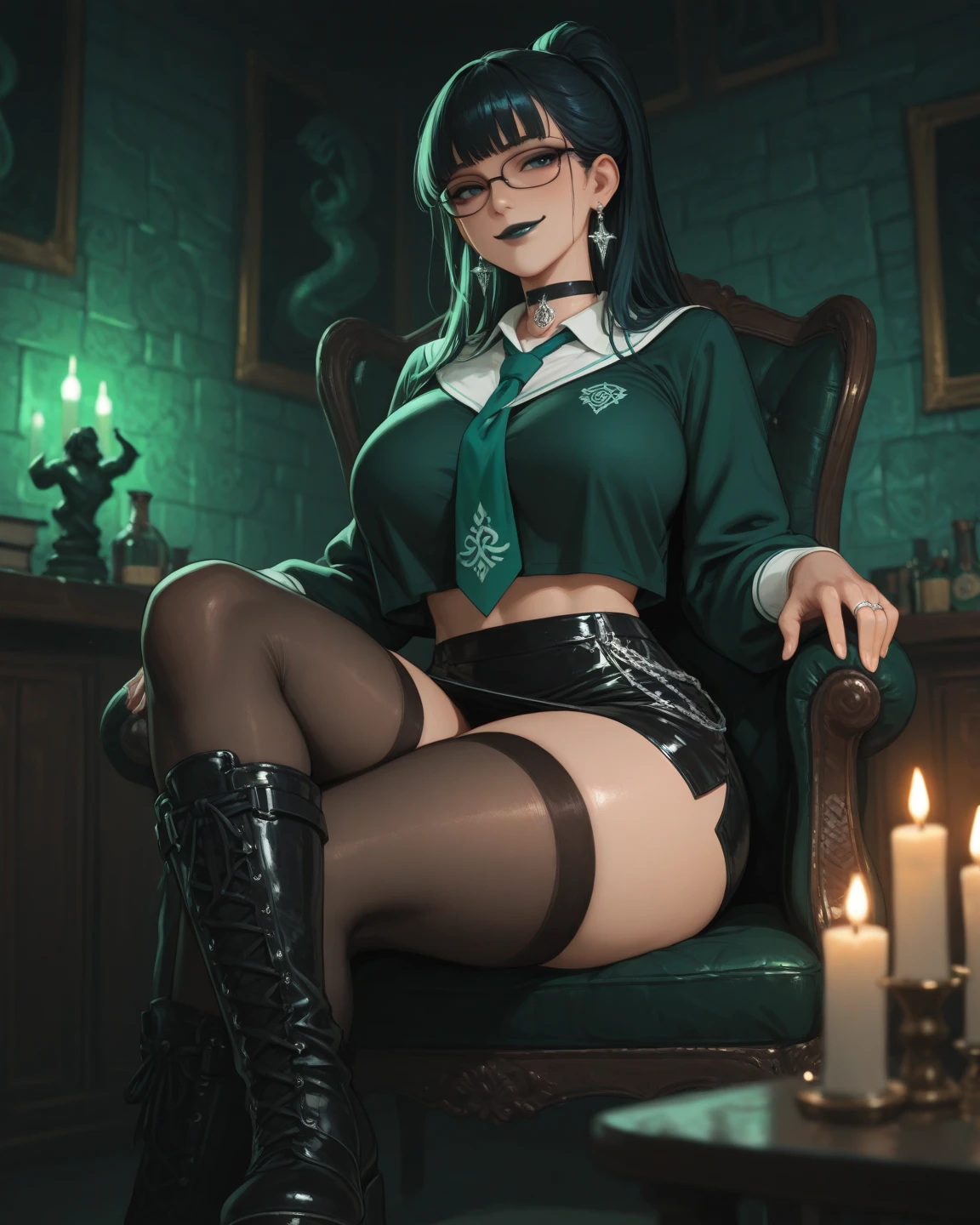 ((front view)), Masterpiece, amazing detail, 4k, perfect face, 5 foot tall green goblin girl, naked, hard nipples, hairy pussy, realistic pussy, front shot, spreading long legs, sitting on a chair, black purse, black silk pantyhose and black pumps, very shy, black glasses, (green skin), small pointy ears, short green hair, purple eyes, spreading legs, exploring a fine art museum, curious and fascinated, cinematic lighting