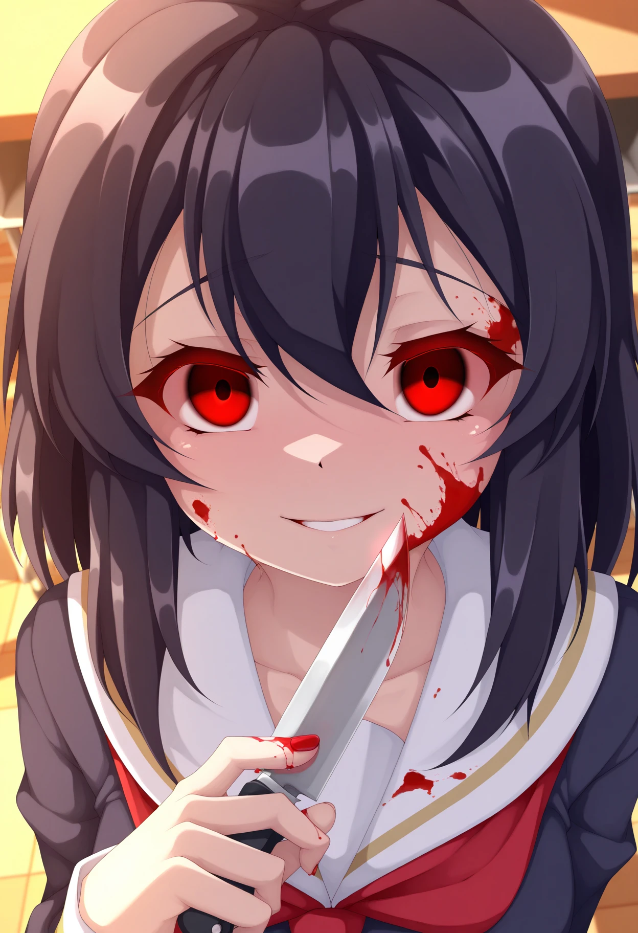 ((yandere, yandere simulator, crazy, ????, blood, a lot of blood, blood on the face, blood stains, blood stained clothes, blood on the floor, blood on the wall, reflection)), (long hair, bright eyes, blush, blood-soaked  uniform, neckline, sexy), dramatic lighting, reddish lighting, backlight, vignette effect, blurred background, (night), looking at us, crazy face, (evil face), (dark face), (tears, crazy smile), (horror, dark)