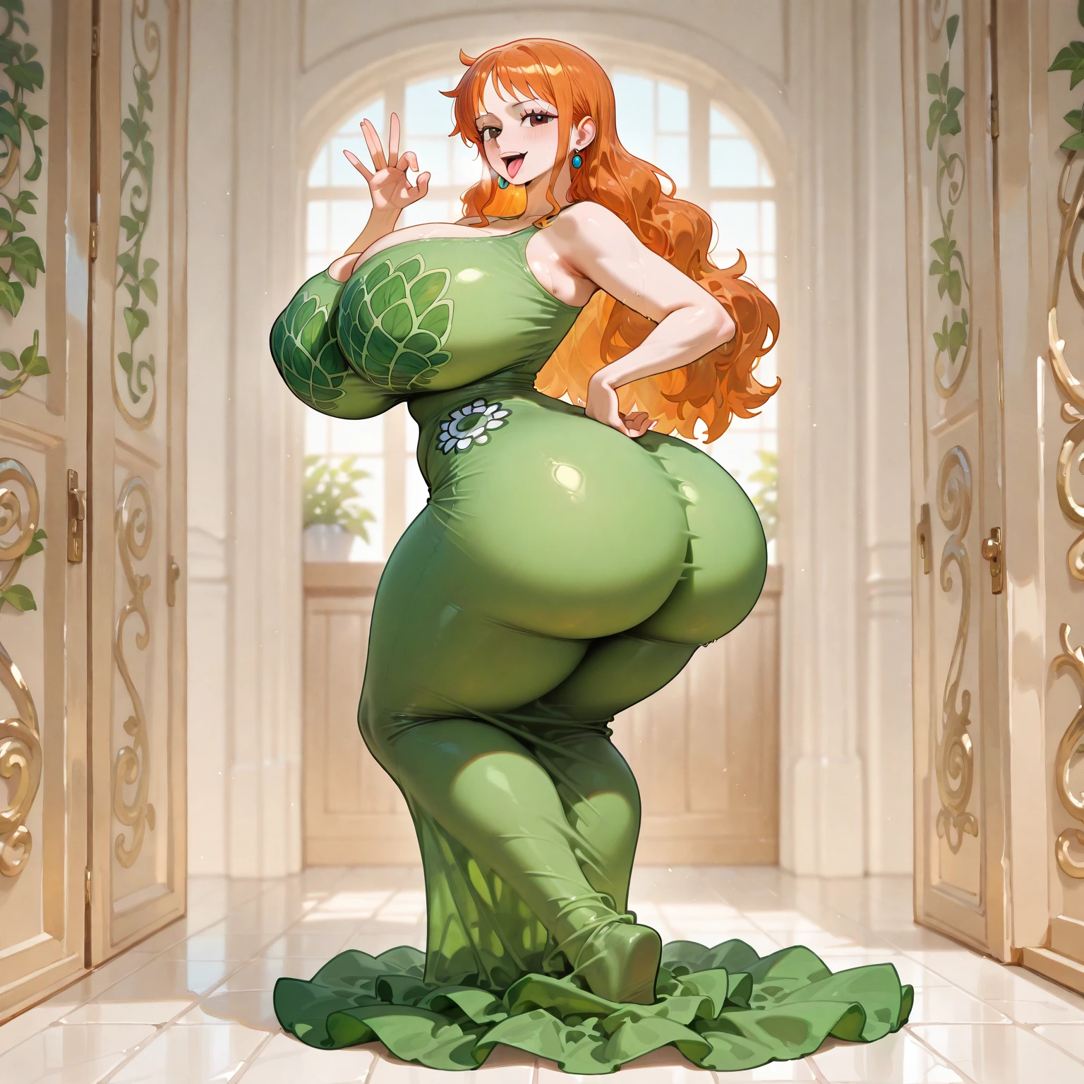  Sexy pregnant woman, cleavage, green dress, ring earrings, gold pendant necklace, pregnant, full body shot, sexy pose, long luscious orange red hair