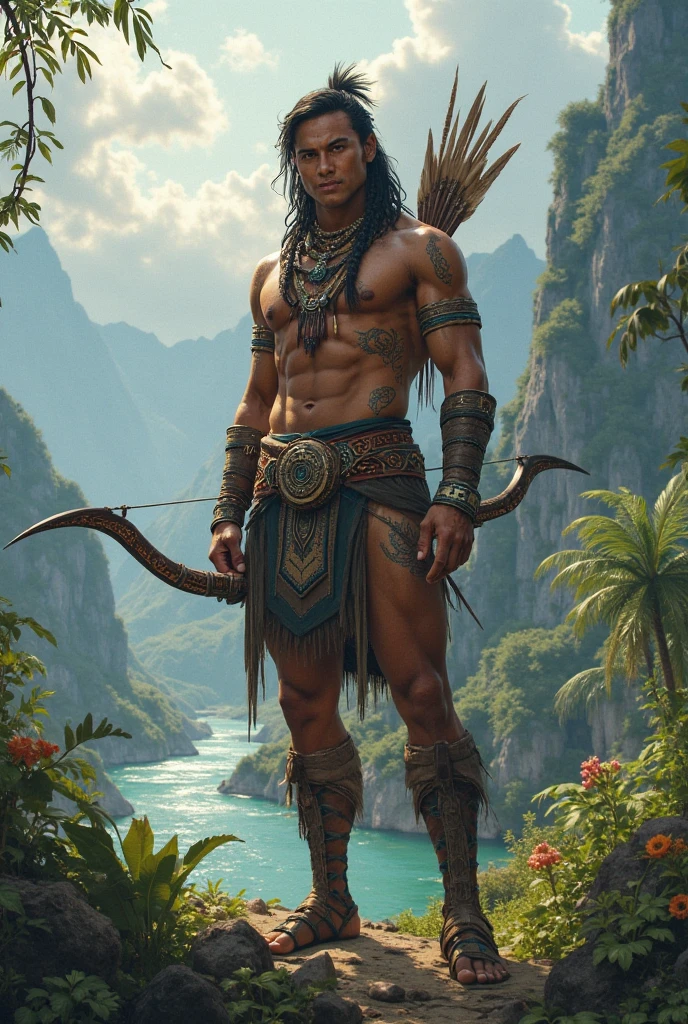 American Indian at a waterfall,with bow and arrow