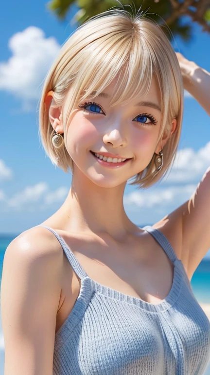 1girl, 12 years old, Famous idol, 1cute girl, very young face, detailed face, cute face, master piece , best quality , woman , bangs , smile , outdoor, Shiny platinum blonde silky super short hair, side locks, beautiful shiny bangs, big clear sky blue eyes, very beautiful light eye highlights, earrings, (white micro bikini style:1.4),