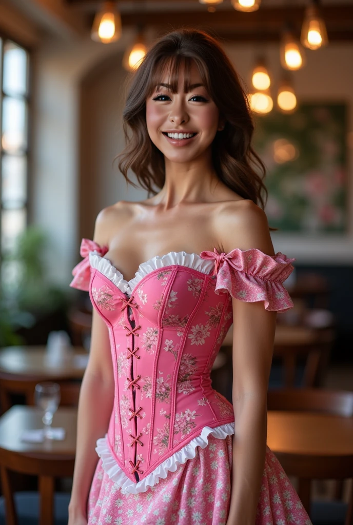 Woman in sexy renaissance dress, at fair, flower crown