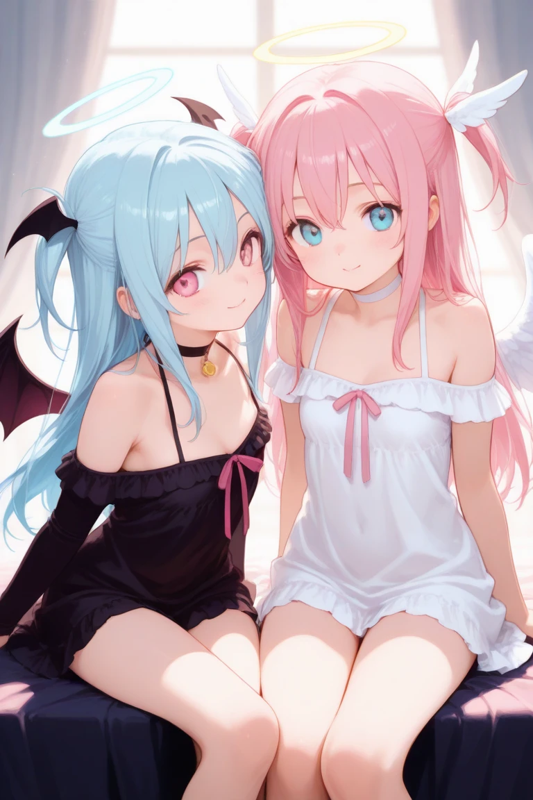 (master piece, high quality), multiple girls,two girls,beautiful, teenage, pink hair, blue eyes, cleavage, face turns red, close your mouth, twin tails, ((nsfw)),(((topless))),(medium breasts),(((pussy))),((from below))