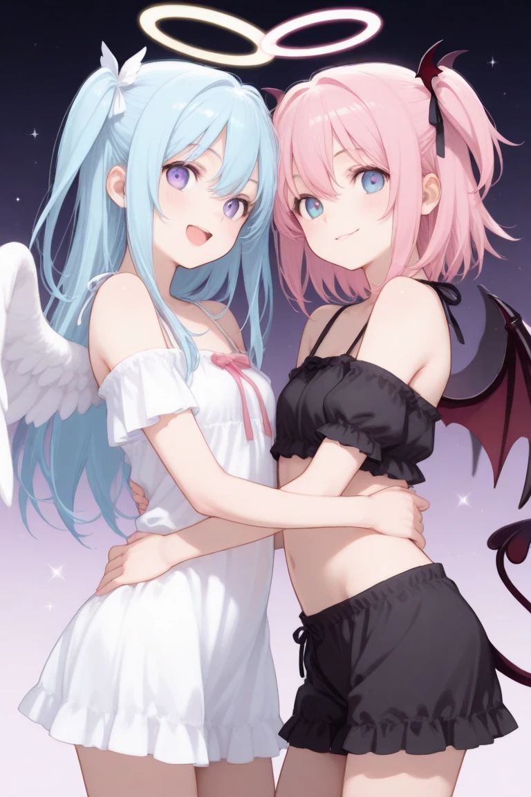 Anime illustration style,a beauty girl,demonic horns,Devil's wings on the back,（full bodyesbian）,Standing,（lowfers）,（Anime Settings）,a smile,（blazers）,（Uniforms）,hi-school girl、preppy style、short-cut、Navel Bow Style, camel toe, Panties visible, Showing underwear, White underwear, wet, Tight underwear,