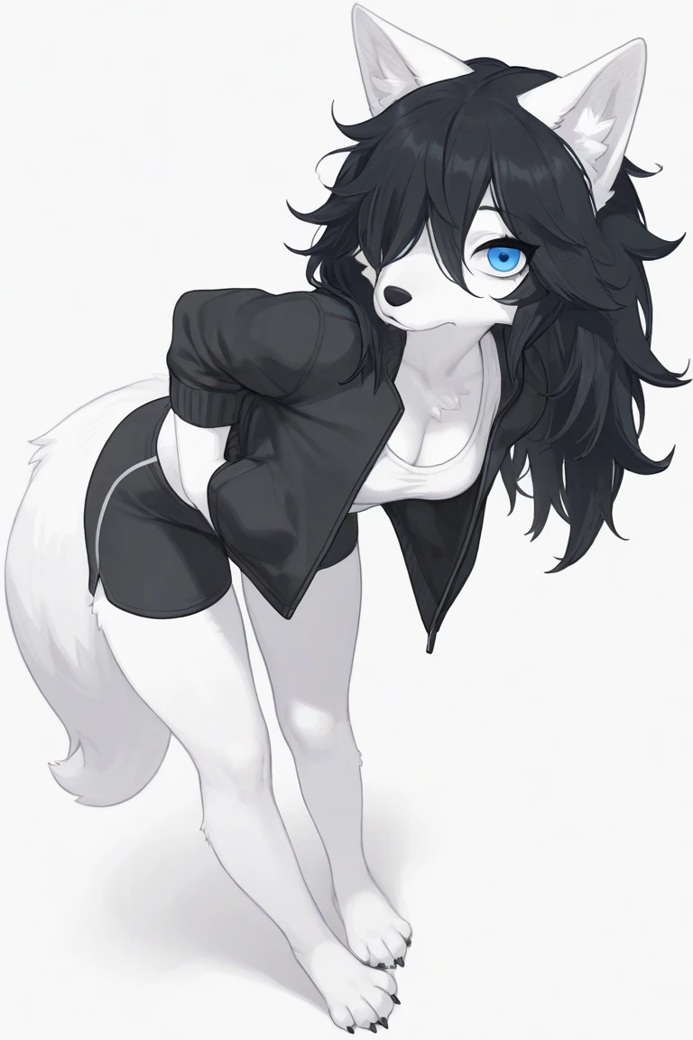 Solo, score_9,score_8_up,score_7_up, kemono style,  a young nerdy Anthro furry wolf woman, wolf snout, white furry body, tall, long black messy hair, black hair, hair in a pony tail, hair covering one eye, white wolf tail, blue eyes, white wolf ears, white wolf tail, small breasts, naked, standing, rear view