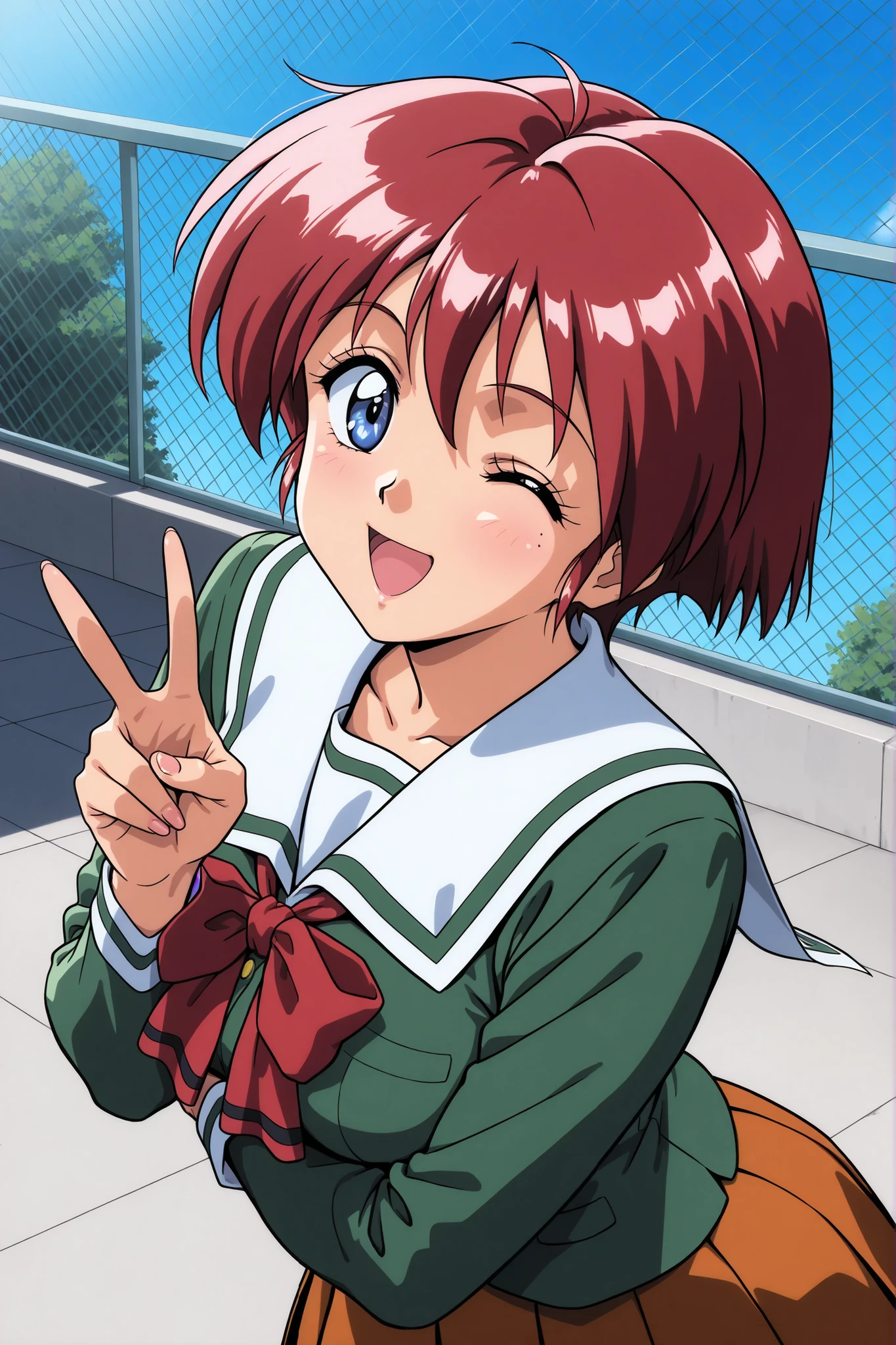 1990s \(style\),Hinomoto_Hikari, adult woman, red hair, short hair, blue eyes, (busty:1.2), bangs,high resolution, Super Detailed,very aesthetic,top quality,masterpiece,very aesthetic,High Contrast,Newest,School rooftop during the day when the sun is strong,focus on face,(1 woman),mole under left eye, happy, wink,upper body,Green school uniform,red ribbon,orange pleated skirt,peace sign,