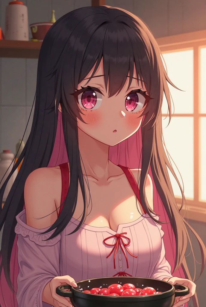 black girl, dark skinned girl, skin black. long hair, black and with fringe. Big black eyes. angry and cute expression, wearing pink lingerie and apron, cooking in a kitchen