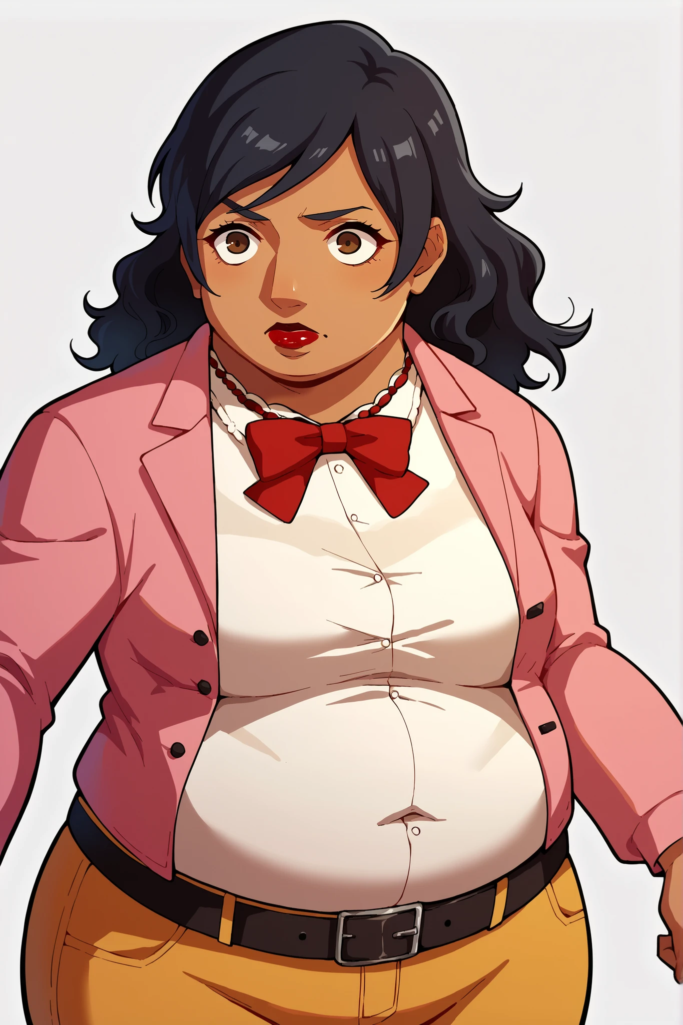 score_9, score_8_superior, score_7_superior, score_6_superior, sauce_anime, Break 1 Girl, woman, Solo p5 principal, Fat, obesity, score_9, score_8_up, score_7_up, source_anime BREAK 1girl, solo, chounop5, black hair, medium hair, brown eyes, pink dress, necklace, dark skin, lipstick, Jacket, formal, White shirt, Red bow tie, belt, yellow pants, woman化,
