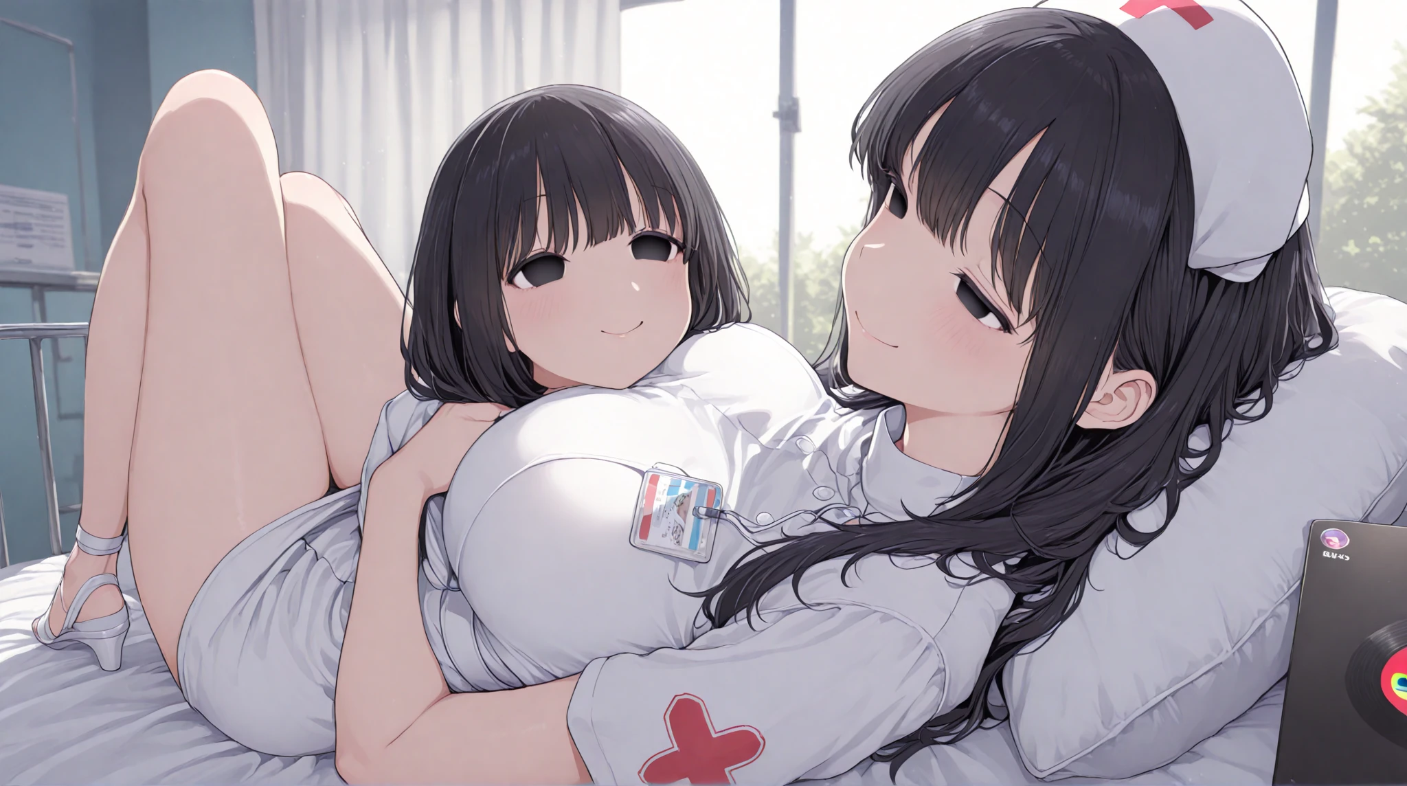 (highest quality:1.2),(perfect beautiful face:1.2),(Perfect and beautiful posture:1.2),(Three sweaty female nurses hugging each other,((sweaty body:1.2), (thick eyebrows:1.0)),(Chubby:0.8), (Wearing a white nurse costume, (sweat stain:1.3)), please lie down on the bed, The smell of stinky armpits