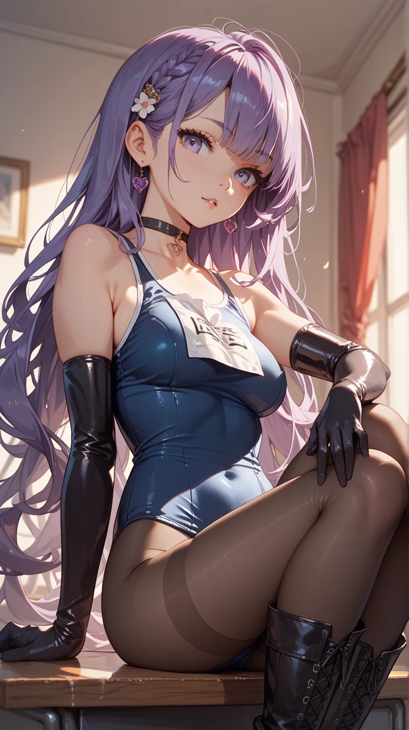 from above,illustration,1girl, purple hair, blue bow, blue eyes, Abigail, Abigail stardew valley, looking at viewer, light smile, (breast focus), (arms behind back:1.2), average breasts, (breasts out:1.2), midriff, collarbone, bedroom, sweat, Playboy bunny, tight, pantyhose, see-through,