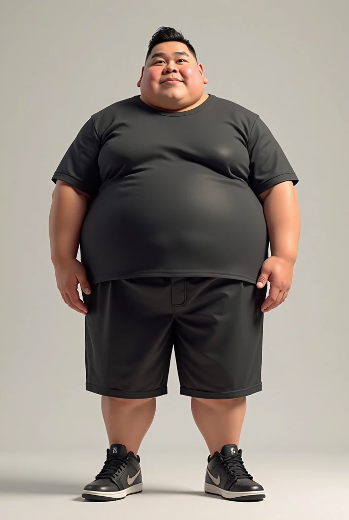 A fat man，Big eyes，Black round glasses，short hair，Round inches，Big round face，Very large and well-developed chest muscles，Big full belly，Standing on the beach far away from the sunset，The upper body is bare，Wearing briefs with bulge in the crotch，Oriental male，full-body shot